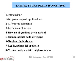0-Introduzione 1-Scopo e campo di applicazione 2-Riferimenti normativi 3-Termini e definizioni 4-Sistema di gestione per la qualità 5-Responsabilità della direzione 6- Gestione delle risorse 7-Realizzazione del prodotto 8-Misurazioni, analisi e miglioramento LA STRUTTURA DELLA ISO 9001:2000  