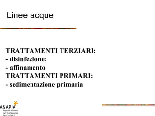 Linee acque TRATTAMENTI TERZIARI: - disinfezione; - affinamento TRATTAMENTI PRIMARI: - sedimentazione primaria 