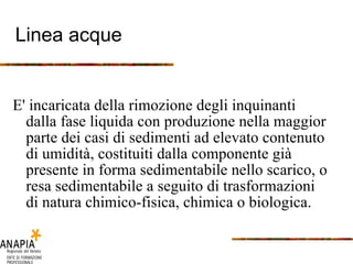 Linea acque E' incaricata della rimozione degli inquinanti dalla fase liquida con produzione nella maggior parte dei casi di sedimenti ad elevato contenuto di umidità, costituiti dalla componente già presente in forma sedimentabile nello scarico, o resa sedimentabile a seguito di trasformazioni di natura chimico-fisica, chimica o biologica. 
