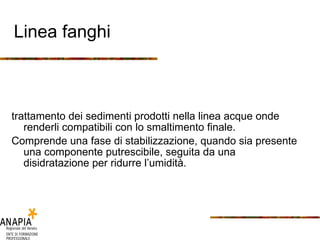 Linea fanghi trattamento dei sedimenti prodotti nella linea acque onde renderli compatibili con lo smaltimento finale.  Comprende una fase di stabilizzazione, quando sia presente una componente putrescibile, seguita da una disidratazione per ridurre l’umidità. 