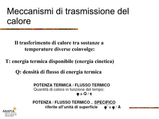 Meccanismi di trasmissione del calore Il trasferimento di calore tra sostanze a  temperature diverse coinvolge: T: energia termica disponibile (energia cinetica) Q: densità di flusso di energia termica 