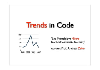 Trends in Code
100

 75                      Yana Momchilova Mileva
 50                      Saarland University, Germany
 25
                         Advisor: Prof. Andreas Zeller
  0
   2001 2003 2005 2007
 
