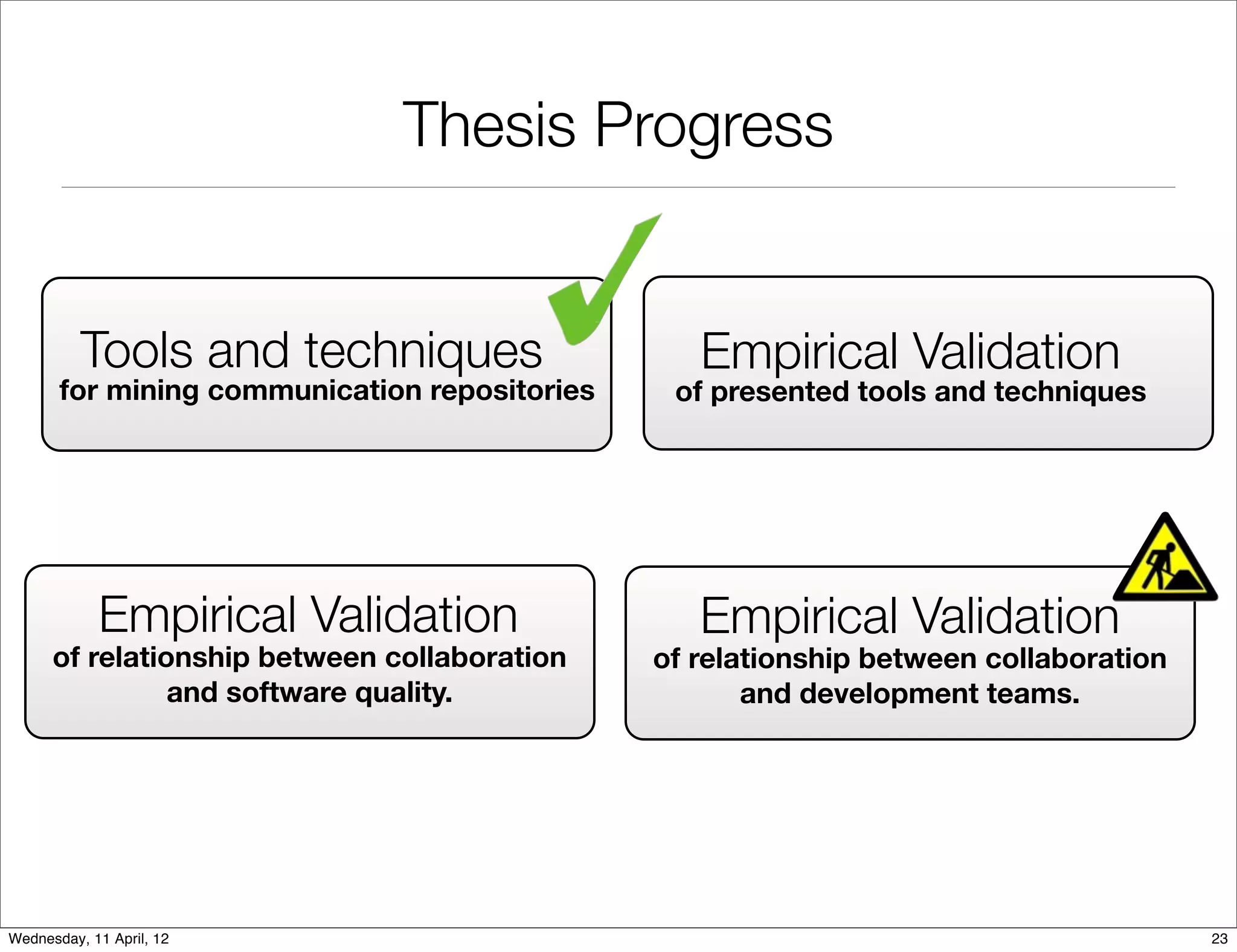 Thesis Progress


          Tools and techniques                    Empirical Validation
       for mining communication repositories    of presented tools and techniques




            Empirical Validation                  Empirical Validation
      of relationship between collaboration    of relationship between collaboration
                and software quality.                 and development teams.




Wednesday, 11 April, 12                                                                23
 
