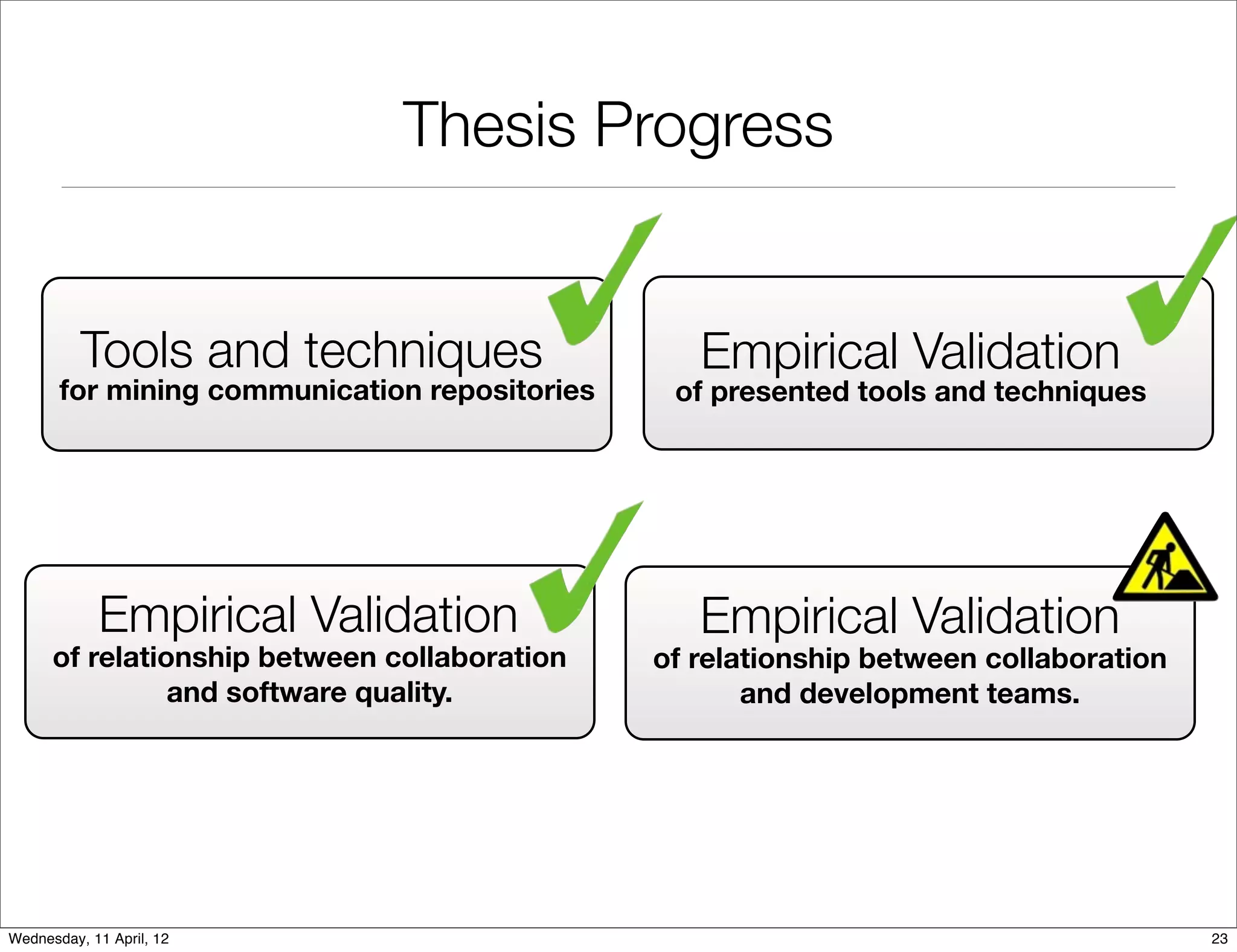 Thesis Progress


          Tools and techniques                    Empirical Validation
       for mining communication repositories    of presented tools and techniques




            Empirical Validation                  Empirical Validation
      of relationship between collaboration    of relationship between collaboration
                and software quality.                 and development teams.




Wednesday, 11 April, 12                                                                23
 