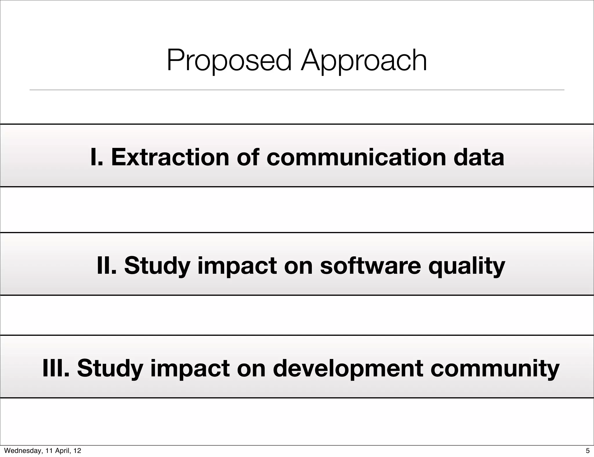 Proposed Approach


                          I. Extraction of communication data



                          II. Study impact on software quality



           III. Study impact on development community


Wednesday, 11 April, 12                                          5
 