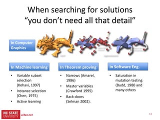 11ai4se.net
src= tiny.cc/gale15code
slides= tiny.cc/gale15
• Less generation of
candidates
– Less confusion
• Verrappa and Letier:
– “..for industrial
problems, these
algorithms generate
(many) solutions
(makes)
understanding them
and selecting one
among them difficult
and time
consuming”
https://goo.gl/LvsQd
n
Why seek less CPU?
 
