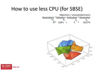 13
src= tiny.cc/gale15code
slides= tiny.cc/gale15
This talk
• What is search-based SE?
• Why use less CPU for SBSE?
• How to use less CPU
– Refactor the optimizer:
– Add in some data mining
• Experimental results
• Related Work
• Future work
• A challenge question:
– Are we making this too hard?
ai4se.net
 
