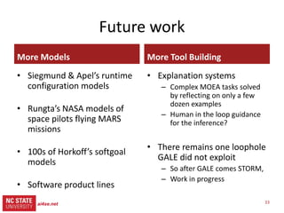 33
src= tiny.cc/gale15code
slides= tiny.cc/gale15
This talk
• What is search-based SE?
• Why use less CPU SBSE?
• How to use less CPU
– Refactor the optimizer:
– Add in some data mining
• Experimental results
• Related Work
• Future work
• A challenge question:
– Are we making this too hard?
ai4se.net
 