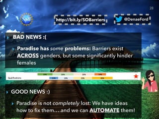 http://bit.ly/SOBarriers
▸ BAD NEWS :(
▸ Paradise has some problems: Barriers exist
ACROSS genders, but some signiﬁcantly ...