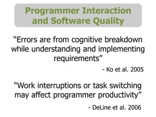 Programmer Interaction
    and Software Quality

“Errors are from cognitive breakdown
while understanding and implementing
            requirements”
                          - Ko et al. 2005

“Work interruptions or task switching
may affect programmer productivity”
                     - DeLine et al. 2006
 