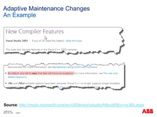 Adaptive Maintenance Changes
An Example




Source: http://msdn.microsoft.com/en-US/library/vstudio/h4bcz65t(v=vs.80).aspx
© ABB Group
Month DD, Year   | Slide 7
 