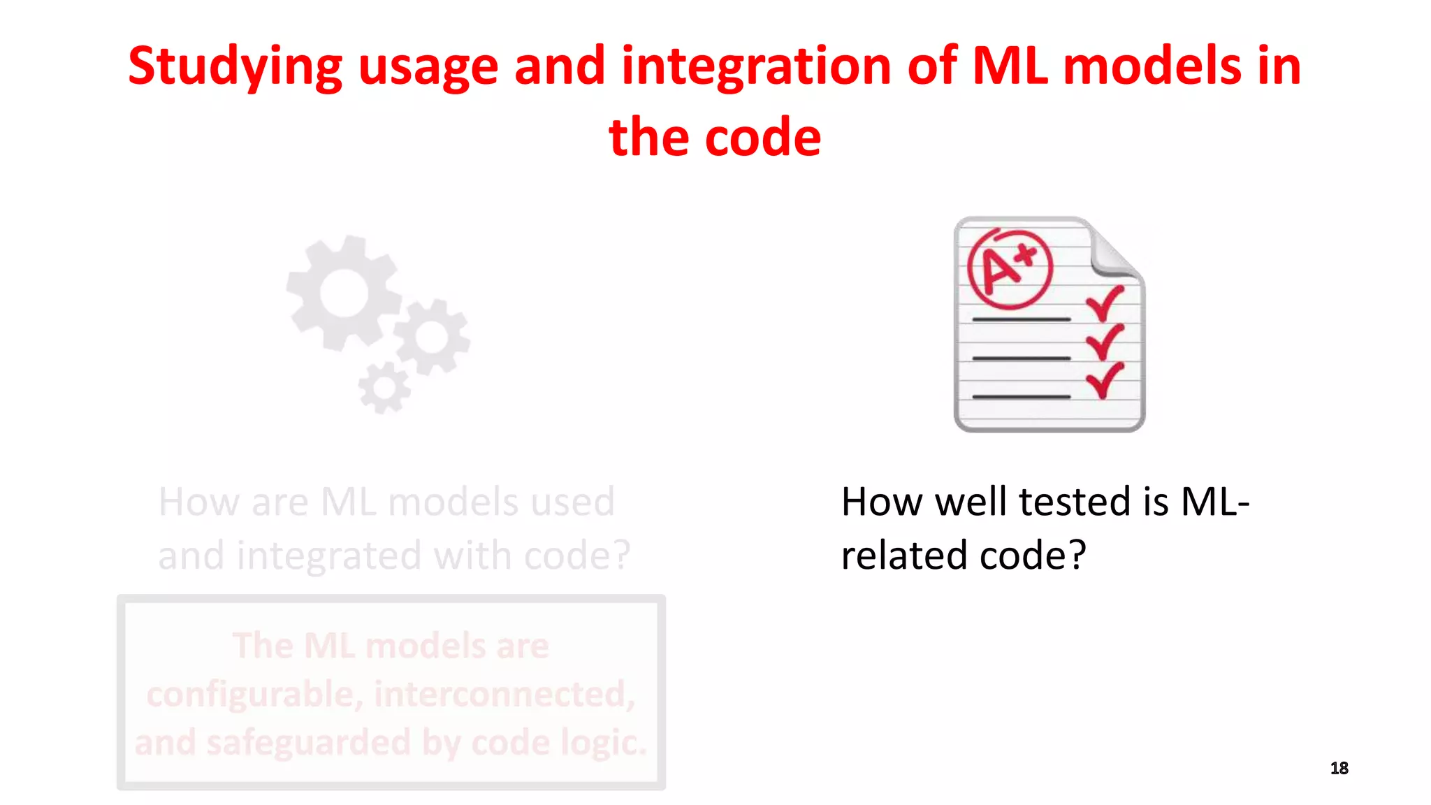 How are ML models used
and integrated with code?
Studying usage and integration of ML models in
the code
How well tested is ML-
related code?
The ML models are
configurable, interconnected,
and safeguarded by code logic.
 