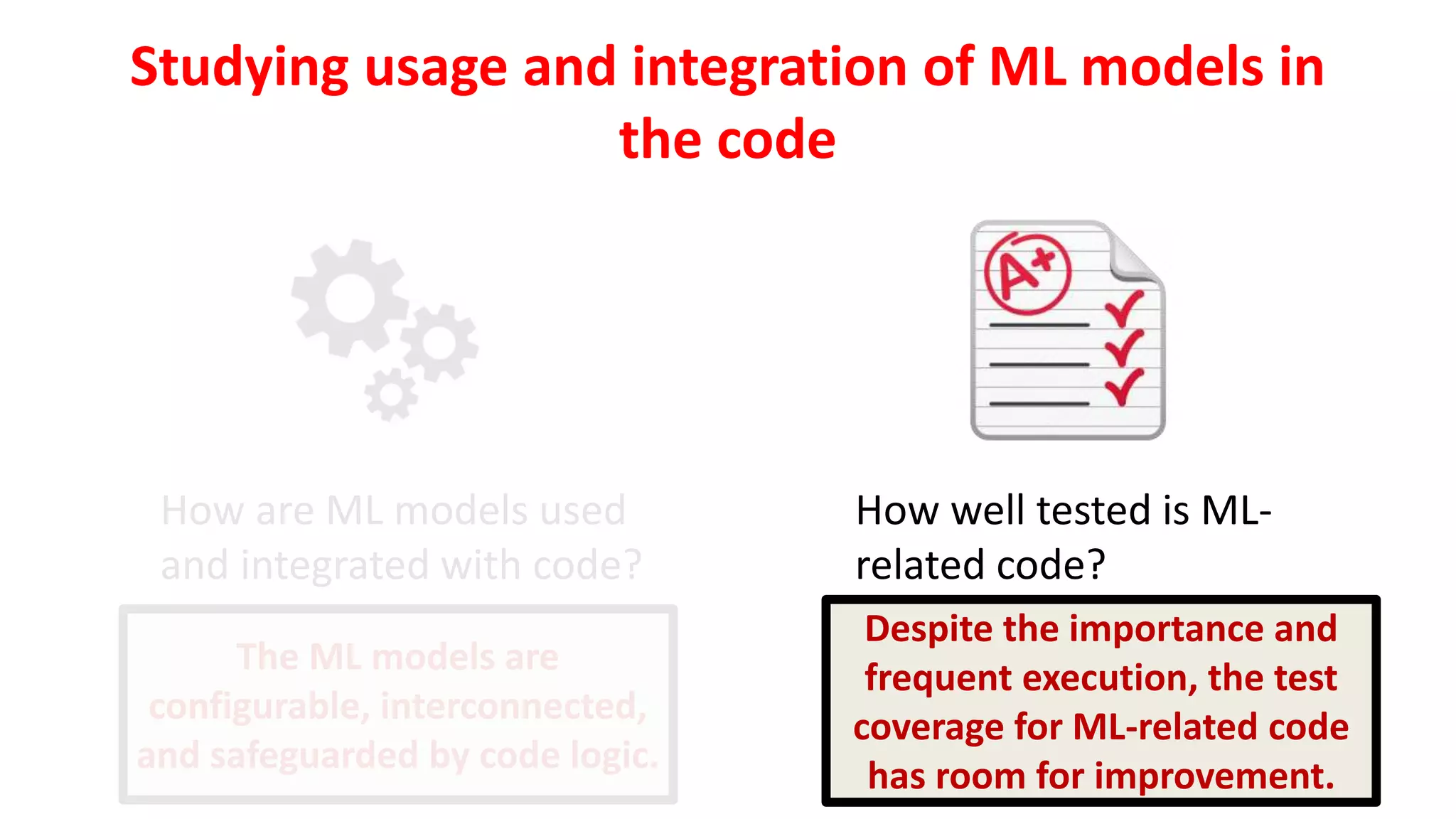 How are ML models used
and integrated with code?
Studying usage and integration of ML models in
the code
How well tested is ML-
related code?
The ML models are
configurable, interconnected,
and safeguarded by code logic.
Despite the importance and
frequent execution, the test
coverage for ML-related code
has room for improvement.
 