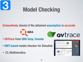 Model Checking
!23
3
Exhaustively checks if the obtained assumption is accurate
• QVTrace from QRA Corp, Canada
• SMT-based model checker for Simulink
• Z3, Mathematica
2.4.Accessing QVtrace:
Once the QVtrace server is running, QVtrace will be accessed through a web browser with
the address: http://localhost:2999
If accessing the QVtrace server on a networked computer then use the address:
http://[server_name]:2999.
QVtrace has been fully tested to be accessed with the Google Chrome web browser.
Although other browsers may render QVtrace appropriately, these have not been fully
tested and their performance is not well known. We recommend you use the Google
Chrome browser for QVtrace.
3. Using QVtrace
3.1.Understanding the QVtrace user interface
QVtrace has been designed to optimize the workflow for model-based design analysis. The
interface has three main sections as shown in the image below and described in detail on
the next page.
QVtrace User Manual v0.11.7 qracorp.com of4 21
1
2
3
 