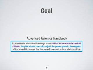 Goal
!8
To provide the aircraft with enough boost so that it can reach the desired
altitude, the pilot should manually adjust the power given to the engines
of the aircraft to ensure that the aircraft does not enter a stall condition
Advanced Avionics Handbook
 