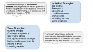 Individual Strategies:
Job crafting
Taking risks
Speaking up
Local improvement
Workarounds
Mimicking success
Being pragmatic
“I started finding ways to improve our
process, or our systems and have a guard rail. I
felt that brought value to the business because it
would save us from rolling back on releases and
reducing any issues [...]” [P11]
“...it’s really about having a shared
understanding, being able to trust each other,
that when I say this is important, my product
manager will say, well, then let’s do it.” [P12]
Team Strategies:
Building bridges
Creating transparency
Convincing others
Making incremental changes
Metrics and measurements
Having a driver
Involving experts
 
