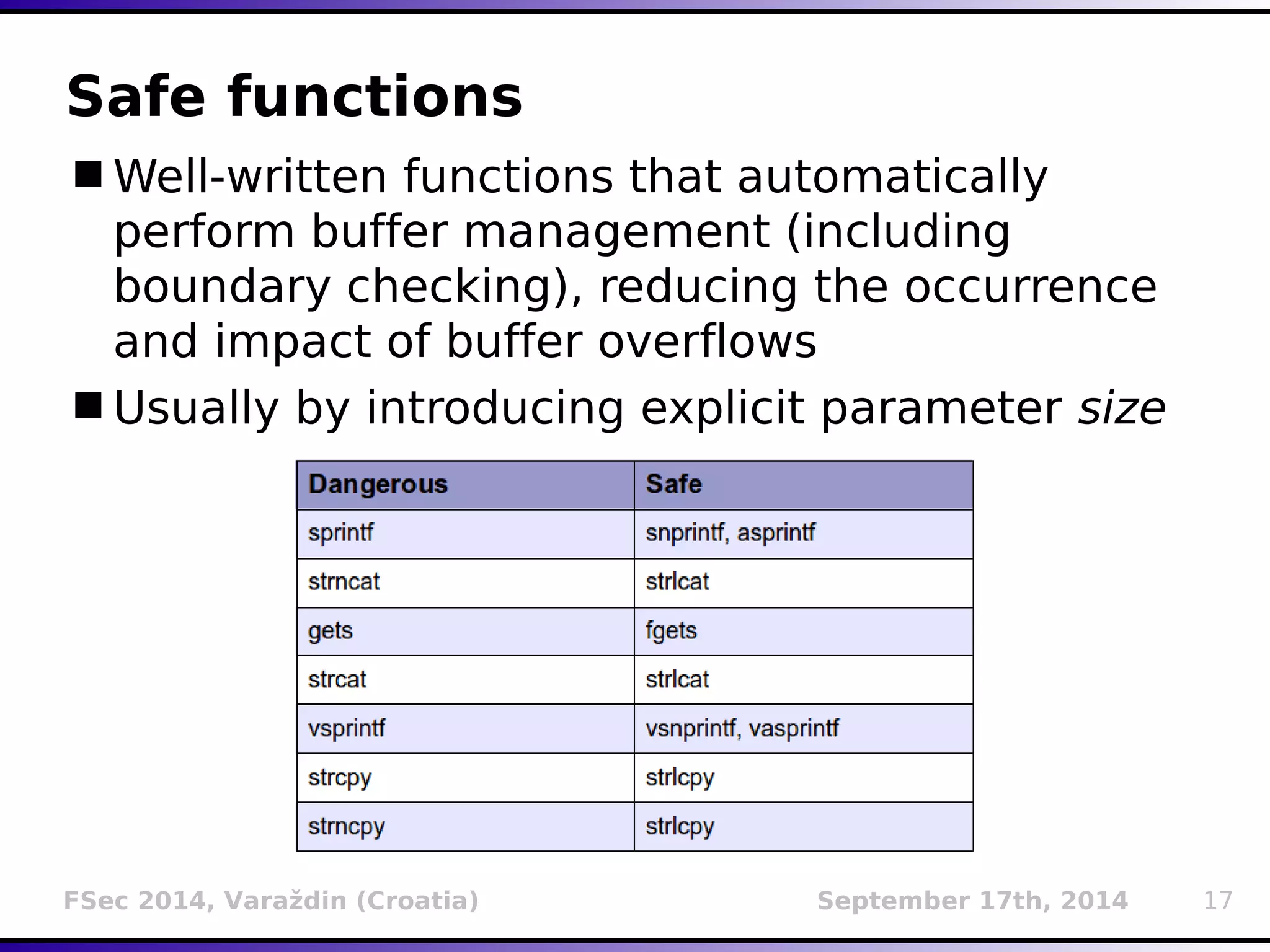 Safe functions 
Well-written functions that automatically 
perform buffer management (including 
boundary checking), reducing the occurrence 
and impact of buffer overflows 
Usually by introducing explicit parameter size 
FSec 2014, Varaždin (Croatia) September 17th, 2014 17 
 
