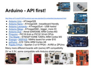 Arduino - API first!
http://blog.rot13.org/2013/07/is-arduino-api-new-standard-for-embedded-development.html

● Arduino Uno - ATmega328
● Arduino Nano - ATmega328 - breadboard friendly
● Arduino Leonardo - ATmega32u4 - USB hacks!
● Arduino Mega - ATmega2560 - bigger, more IO
● Arduino Due - Atmel SAM3X8E ARM Cortex-M3
● Pinguino - PIC18 8-bit or PIC32 32-bit CPUs
● The Maple - STM32F103RB 72MHz ARM Cortex M3
● Energia - MSP430 16MHz board for under $10
● pcDuino - A10 1GHz ARM Cortex A8
● Papilio FPGA - Spartan 3 or 6 FPGA - AVR8 or ZPUino
Many more different boards with (some) API compatibility
5V vs 3.3V, some compatible with Arduino shield pinout

 
