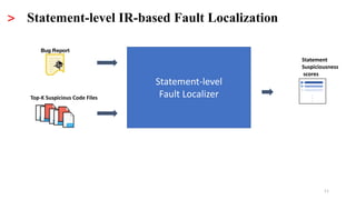 Statement-level IR-based Fault Localization
11
Top-K Suspicious Code Files
>
…
Statement
Suspiciousness
scores
Statement-l...