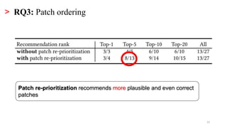 23
> RQ3: Patch ordering
Patch re-prioritization recommends more plausible and even correct
patches
 
