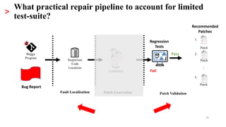 What practical repair pipeline to account for limited
test-suite?
38
>
Code changes in
Software repositories
Bug ﬁx
patche...