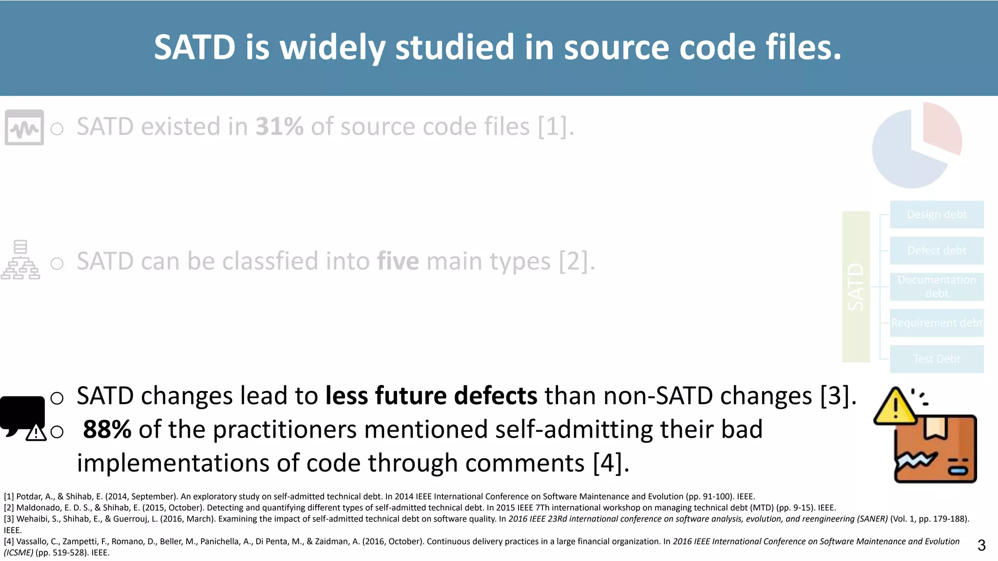 o SATD existed in 31% of source code files [1].
o SATD can be classfied into five main types [2].
o SATD changes lead to less future defects than non-SATD changes [3].
o 88% of the practitioners mentioned self-admitting their bad
implementations of code through comments [4].
3
[1] Potdar, A., & Shihab, E. (2014, September). An exploratory study on self-admitted technical debt. In 2014 IEEE International Conference on Software Maintenance and Evolution (pp. 91-100). IEEE.
[2] Maldonado, E. D. S., & Shihab, E. (2015, October). Detecting and quantifying different types of self-admitted technical debt. In 2015 IEEE 7Th international workshop on managing technical debt (MTD) (pp. 9-15). IEEE.
[3] Wehaibi, S., Shihab, E., & Guerrouj, L. (2016, March). Examining the impact of self-admitted technical debt on software quality. In 2016 IEEE 23Rd international conference on software analysis, evolution, and reengineering (SANER) (Vol. 1, pp. 179-188).
IEEE.
[4] Vassallo, C., Zampetti, F., Romano, D., Beller, M., Panichella, A., Di Penta, M., & Zaidman, A. (2016, October). Continuous delivery practices in a large financial organization. In 2016 IEEE International Conference on Software Maintenance and Evolution
(ICSME) (pp. 519-528). IEEE.
SATD is widely studied in source code files.
SATD
Design debt
Defect debt
Documentation
debt
Requirement debt
Test Debt
 
