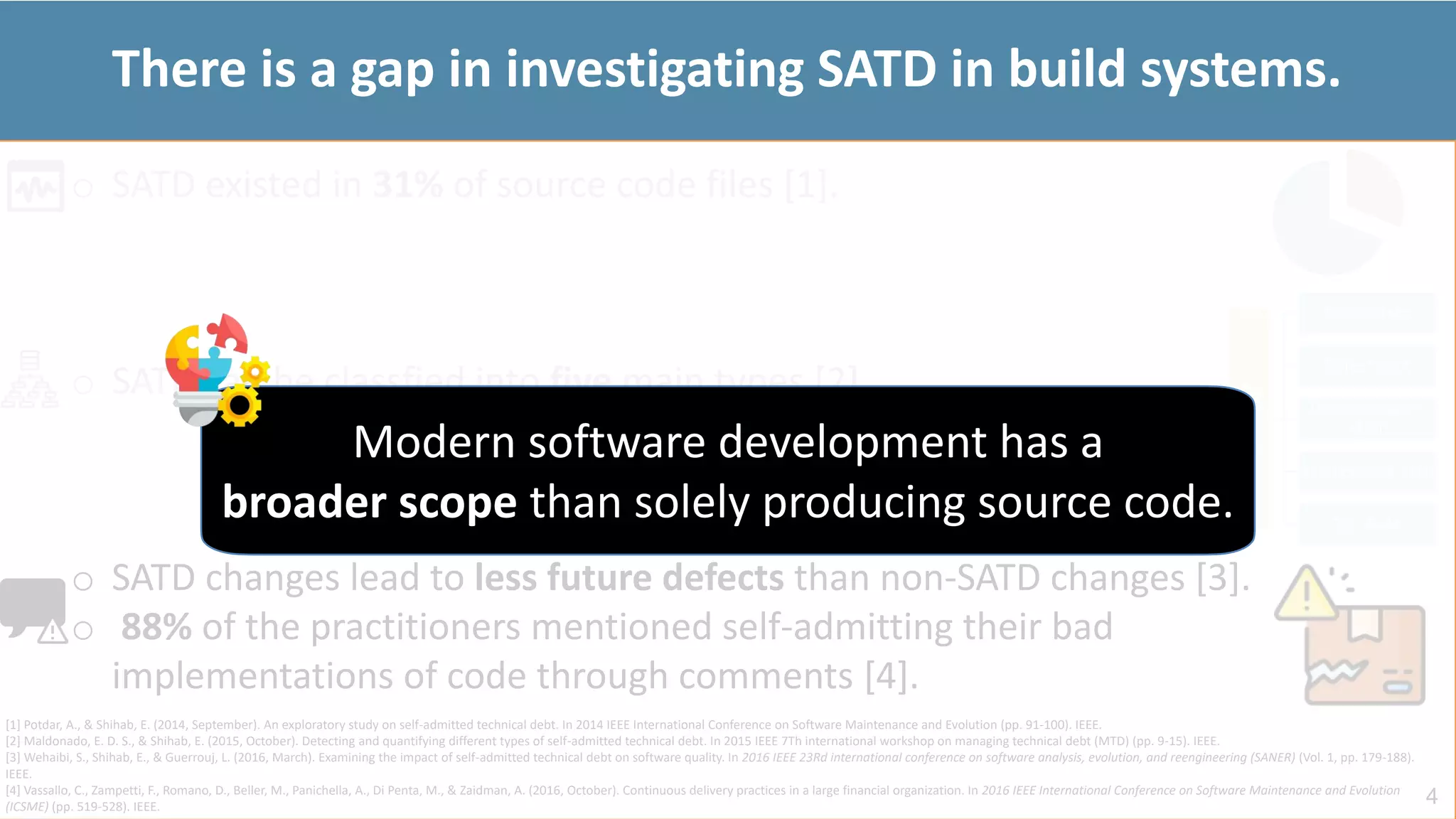 o SATD existed in 31% of source code files [1].
o SATD can be classfied into five main types [2].
o SATD changes lead to less future defects than non-SATD changes [3].
o 88% of the practitioners mentioned self-admitting their bad
implementations of code through comments [4].
4
[1] Potdar, A., & Shihab, E. (2014, September). An exploratory study on self-admitted technical debt. In 2014 IEEE International Conference on Software Maintenance and Evolution (pp. 91-100). IEEE.
[2] Maldonado, E. D. S., & Shihab, E. (2015, October). Detecting and quantifying different types of self-admitted technical debt. In 2015 IEEE 7Th international workshop on managing technical debt (MTD) (pp. 9-15). IEEE.
[3] Wehaibi, S., Shihab, E., & Guerrouj, L. (2016, March). Examining the impact of self-admitted technical debt on software quality. In 2016 IEEE 23Rd international conference on software analysis, evolution, and reengineering (SANER) (Vol. 1, pp. 179-188).
IEEE.
[4] Vassallo, C., Zampetti, F., Romano, D., Beller, M., Panichella, A., Di Penta, M., & Zaidman, A. (2016, October). Continuous delivery practices in a large financial organization. In 2016 IEEE International Conference on Software Maintenance and Evolution
(ICSME) (pp. 519-528). IEEE.
SATD
Design debt
Defect debt
Documentation
debt
Requirement debt
Test Debt
There is a gap in investigating SATD in build systems.
Modern software development has a
broader scope than solely producing source code.
 