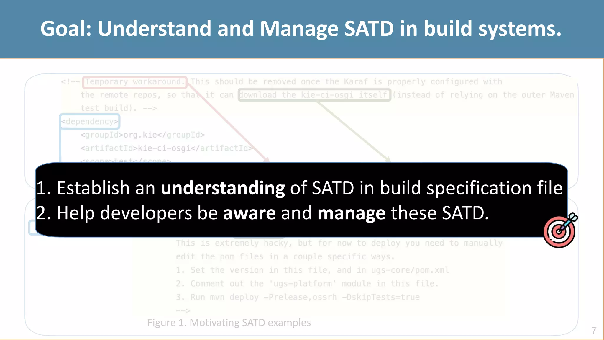 7
Location
Purpose Reason
Figure 1. Motivating SATD examples
Goal: Understand and Manage SATD in build systems.
1. Establish an understanding of SATD in build specification file
2. Help developers be aware and manage these SATD.
 