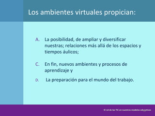 La posibilidad, de ampliar y diversificar nuestras; relaciones más allá de los espacios y tiempos áulicos; En fin, nuevos ambientes y procesos de aprendizaje y   La preparación para el mundo del trabajo. Los ambientes virtuales propician: El rol de las TIC en nuestros modelos educativos 