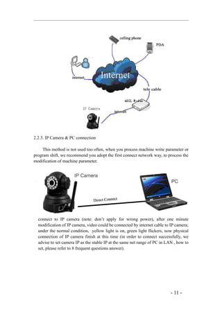 2.2.3. IP Camera & PC connection

     This method is not used too often, when you process machine write parameter or
program shift, we recommend you adopt the first connect network way, to process the
modification of machine parameter.




  connect to IP camera (note: don’t apply for wrong power), after one minute
  modification of IP camera, video could be connected by internet cable to IP camera;
  under the normal condition, yellow light is on, green light flickers, now physical
  connection of IP camera finish at this time (in order to connect successfully, we
  advise to set camera IP as the stable IP at the same net range of PC in LAN , how to
  set, please refer to 8 frequent questions answer).




                                                                            - 11 -
 