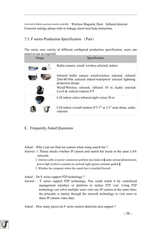 Wireless Magnetic Door Infrared detector
Arm and withdraw garrison remote controller
Concrete settings please refer to linkage alarm host help instruction.


7.3. F series Production Specification （Part）

The series own variety of different configured production specification, users can
select to use as required.
          Image                              Specification

                               Bullet camera, wired/ wireless selected, indoor


                               Infrared bullet camera wired/wireless selected, infrared
                               20m/40/50m selected indoor/waterproof selected lightning
                               protection design
                               Wired/Wireless selected, infrared 10 m Audio selected
                               Level & vertical rotation P/T
                               Cell indoor select infrared night vision 20 m


                               Cell indoor overall rotation P/T 5” or 3.5” mini dome, audio
                               selected




8．Frequently Asked Questions



Asked：Why I can not find our camera when using search bar ?
Answer: 1. Please checks whether IP camera and search bar locate in the same LAN
         network;
          2. Internet cable or power connection problem also leads to【under normal phenomenon,
           power light (yellow) constant on, network light (green) constant sparkle】
          3. Whether the computer where the search bar is installed firewall.


Asked：Do F series support P2P technology ?
Answer ： F series support P2P technology. You could watch it by centralized
        management interface or platform to realize P2P visit. Using P2P
        technology can solve multiple users visit one IP camera at the same time;
        the principle is mainly through the network technology to visit users to
        share IP camera video data.

Asked：How many pieces do F series motion detection area support ?

                                                                                   - 38 -
 