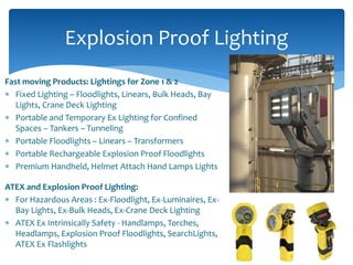 Fast moving Products: Lightings for Zone 1 & 2
 Fixed Lighting – Floodlights, Linears, Bulk Heads, Bay
Lights, Crane Deck Lighting
 Portable and Temporary Ex Lighting for Confined
Spaces – Tankers – Tunneling
 Portable Floodlights – Linears – Transformers
 Portable Rechargeable Explosion Proof Floodlights
 Premium Handheld, Helmet Attach Hand Lamps Lights
ATEX and Explosion Proof Lighting:
 For Hazardous Areas : Ex-Floodlight, Ex-Luminaires, Ex-
Bay Lights, Ex-Bulk Heads, Ex-Crane Deck Lighting
 ATEX Ex Intrinsically Safety - Handlamps, Torches,
Headlamps, Explosion Proof Floodlights, SearchLights,
ATEX Ex Flashlights
Explosion Proof Lighting
 