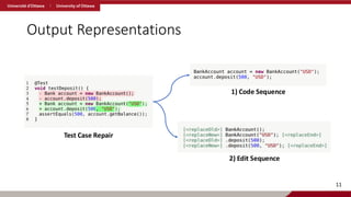 Output Representations
11
Test Case Repair
1) Code Sequence
2) Edit Sequence
 