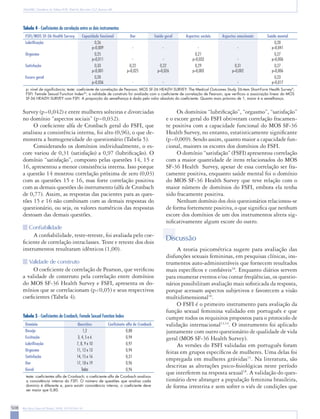 508 Rev Bras Ginecol Obstet. 2008; 30(10):504-10
Thiel RRC, Dambros M, Palma PCR, Thiel M, Riccetto CLZ, Ramos MF
Survey (p=0,042) e entre mulheres solteiras e divorciadas
no domínio “aspectos sociais” (p=0,032).
O coeficiente alfa de Cronbach geral do FSFI, que
analisou a consistência interna, foi alto (0,96), o que de-
monstra a homogeneidade do questionário (Tabela 5).
Considerando os domínios individualmente, o es-
core variou de 0,31 (satisfação) a 0,97 (lubrificação). O
domínio “satisfação”, composto pelas questões 14, 15 e
16, apresentou a menor consistência interna. Isso porque
a questão 14 mostrou correlação próxima de zero (0,03)
com as questões 15 e 16, mas forte correlação positiva
com as demais questões do instrumento (alfa de Cronbach
de 0,77). Assim, as respostas das pacientes para as ques-
tões 15 e 16 não combinam com as demais respostas do
questionário, ou seja, os valores numéricos das respostas
destoam das demais questões.
Confiabilidade
A confiabilidade, teste-reteste, foi avaliada pelo coe-
ficiente de correlação intraclasses. Teste e reteste dos dois
instrumentos resultaram idênticos (1,00).
Validade de construto
O coeficiente de correlação de Pearson, que verificou
a validade de construto pela correlação entre domínios
do MOS SF-36 Health Survey e FSFI, apresenta os do-
mínios que se correlacionam (p<0,05) e seus respectivos
coeficientes (Tabela 4).
Os domínios “lubrificação”, “orgasmo”, “satisfação”
e o escore geral do FSFI obtiveram correlação fracamen-
te positiva com a capacidade funcional do MOS SF-36
Health Survey, no entanto, estatisticamente significante
(p=0,009). Sendo assim, quanto maior a capacidade fun-
cional, maiores os escores dos domínios do FSFI.
O domínio “satisfação” (FSFI) apresentou correlação
com a maior quantidade de itens relacionados do MOS
SF-36 Health Survey, apesar de essa correlação ser fra-
camente positiva, enquanto saúde mental foi o domínio
do MOS SF-36 Health Survey que teve relação com o
maior número de domínios do FSFI, embora ela tenha
sido fracamente positiva.
Nenhum domínio dos dois questionários relacionou-se
de forma fortemente positiva, o que significa que nenhum
escore dos domínios de um dos instrumentos altera sig-
nificativamente algum escore do outro.
Discussão
A teoria psicométrica sugere para avaliação das
disfunções sexuais femininas, em pesquisas clínicas, ins-
trumentos auto-administráveis que fornecem resultados
mais específicos e confiáveis10
. Enquanto diários servem
para enumerar eventos e/ou contar freqüências, os questio-
nários possibilitam avaliação mais sofisticada da resposta,
porque acessam aspectos subjetivos e favorecem a visão
multidimensional10
.
O FSFI é o primeiro instrumento para avaliação da
função sexual feminina validado em português e que
cumpre todos os requisitos propostos para o protocolo de
validação internacional13,14
. O instrumento foi aplicado
juntamente com outro questionário de qualidade de vida
geral (MOS SF-36 Health Survey).
As versões do FSFI validadas em português foram
feitas em grupos específicos de mulheres. Uma delas foi
empregada em mulheres grávidas15
. Na literatura, são
descritas as alterações psico-fisiológicas neste período
que interferem na resposta sexual18
. A validação do ques-
tionário deve abranger a população feminina brasileira,
de forma irrestrita e sem sofrer o viés de condições que
Domínio Questões Coeficiente alfa de Cronbach
Desejo 1,2 0,88
Excitação 3, 4, 5 e 6 0,94
Lubrificação 7, 8, 9 e 10 0,97
Orgasmo 11, 12 e 13 0,94
Satisfação 14, 15 e 16 0,31
Dor 17, 18 e 19 0,96
Geral Todas 0,96
teste: coeficientes alfa de Cronbach; o coeficiente alfa de Cronbach analisou
a consistência interna do FSFI. O número de questões que analisa cada
domínio é diferente e, para existir consistência interna, o coeficiente deve
ser maior que 0,80.
Tabela 5 - Coeficientes de Cronbach, Female Sexual Function Index
FSFI/MOS SF-36 Health Survey Capacidade funcional Dor Saúde geral Aspectos sociais Aspectos emocionais Saúde mental
Lubrificação 0,26
p=0,009 - - - -
0,20
p=0,041
Orgasmo 0,25
p=0,011 - -
0,21
p=0,033 -
0,27
p=0,006
Satisfação 0,33
p<0,001
0,22
p=0,025
0,22
p=0,026
0,29
p=0,003
0,31
p=0,002
0,27
p=0,006
Escore geral 0,20
p=0,036 - - - -
0,23
p=0,017
p: nível de significância; teste: coeficiente de correlação de Pearson; MOS SF-36 HEALTH SURVEY: The Medical Outcomes Study 36-item Short-Form Health Survey9
;
FSFI: Female Sexual Function Index20
; a validade de construto foi avaliada com o coeficiente de correlação de Pearson, que verificou a associação linear do MOS
SF-36 HEALTH SURVEY com FSFI. A proporção da semelhança é dada pelo valor absoluto do coeficiente. Quanto mais próximo de 1, maior é a semelhança.
Tabela 4 - Coeficientes de correlação entre os dois instrumentos
 