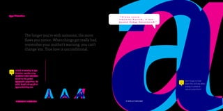 LOVE ME AS I AM                                                                  032
type distortion                                                                          “I’m not
                                                                                         stretched, I’m
                                                                                         just big boned”




                 The longer you’re with someone, the more
                 flaws you notice. When things get really bad,
                 remember your mother’s warning: you can’t
                 change ’em. True love is unconditional.
                 Love them the way they are.
                                     If you feel the urge to widen, shorten or outline
                                     your type — resist! Abuse is not the answer.
                                     Type designers have meticulously created
     Instead of resorting to type    the ideal proportions for each and every
     distortion, consider using      letterform. If the type isn’t working, never feel
     FONTSHOP’S TYPE NAVIGATOR.
     Search for the perfect
                                     ashamed to get out of the relationship and find
     typographic proportions like    a different type that suits you better.                                         Don’t forget to hold
     width, height and weight at                                                                                     down the shift key when
     typenav.fontshop.com                                                                                            scaling to preserve
                                                                                                                     natural proportions!




      DISTORTED RELATIONS:          VERTICAL     HORIZONTAL    FAUX ITALICS                FF META & FF META SERIF
 