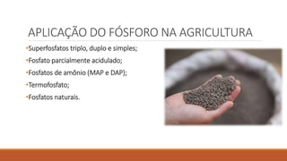 APLICAÇÃO DO FÓSFORO NA AGRICULTURA
•Superfosfatos triplo, duplo e simples;
•Fosfato parcialmente acidulado;
•Fosfatos de amônio (MAP e DAP);
•Termofosfato;
•Fosfatos naturais.
 
