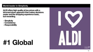 16
World leader in Simplicity
ALDI oﬀers high quality at low prices with a
trimmed-down approach that makes decisions
easier and the shopping experience basic,  
but rewarding.

- Simplicity
- Consistency
- Responsibility
#1 Global
 