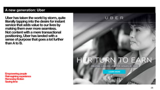 28
A new generation: Uber
Uber has taken the world by storm, quite
literally tapping into the desire for instant
service that adds value to our lives by
making them ever more seamless.  
Not content with a mere transactional
positioning, Uber has landed with a  
sense of purpose that goes a lot further
than A to B. 
Empoweringpeople
Reimaginingexperience
Removingfriction
Savingtime

 
