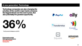30
A new generation: Technology 
Technology companies are also changing the
priorities of the world’s major banks and pose
the biggest threat over the next 5 years. But
also potentially the greatest opportunity.
36%
The Economist Intelligence unit 2015
Empoweringpeople
Reimaginingexperience
Removingfriction
Savingtime

 