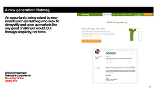 31
A new generation: Nutmeg
An opportunity being seized by new
brands such as Nutmeg who seek to
demystify and open up markets like  
any good challenger would. But  
through simplicity, not force. 
Empoweringpeople
Reimaginingexperience
Removingfriction
Savingtime

 