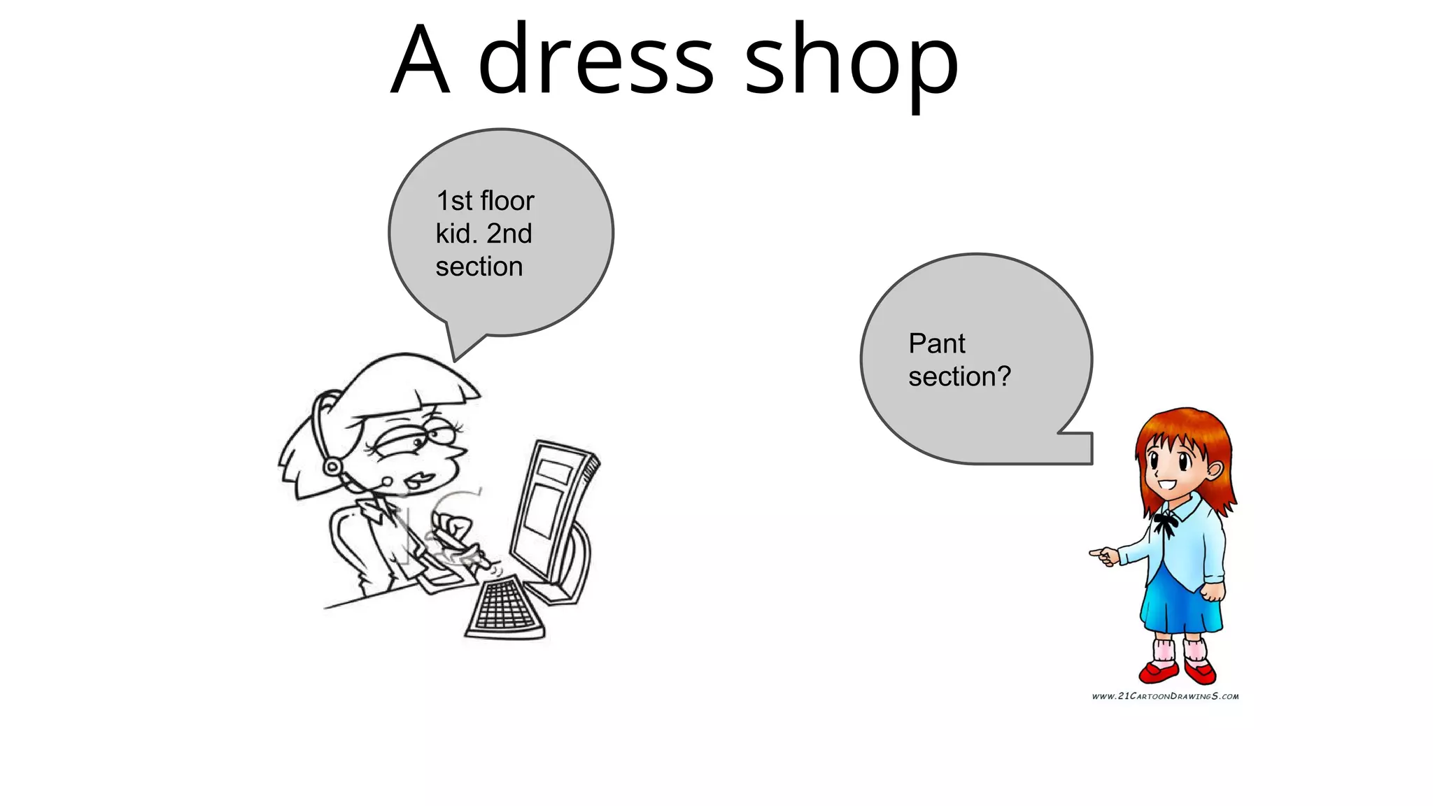 A dress shop
Pant
section?
1st floor
kid. 2nd
section
 