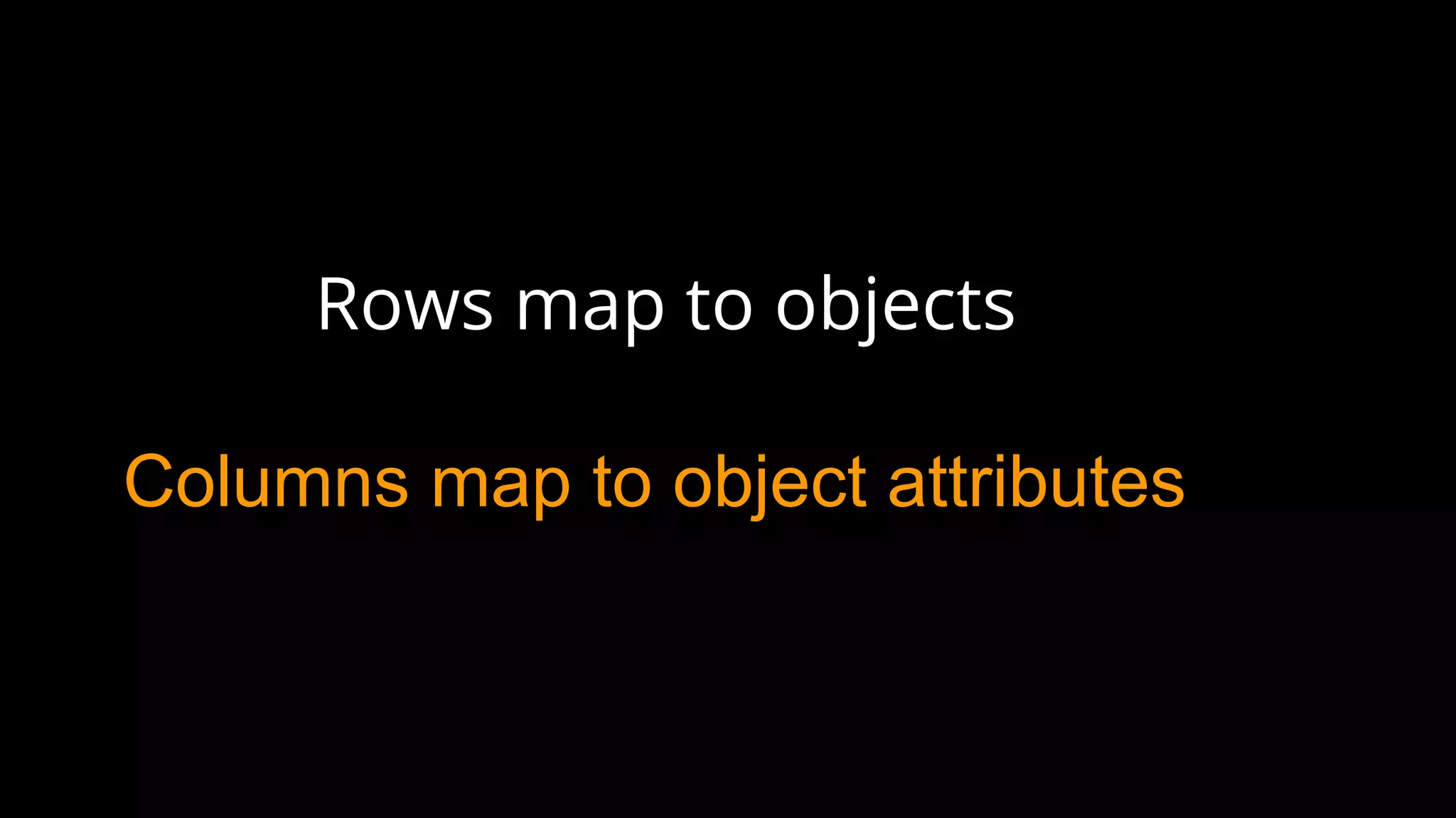 rows map to objects
rows map to objects
Rows map to objects
Columns map to object attributes
 