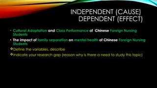 INDEPENDENT (CAUSE)
DEPENDENT (EFFECT)
• Cultural Adaptation and Class Performance of Chinese Foreign Nursing
Students
• The impact of family separation on mental health of Chinese Foreign Nursing
Students
Define the variables, describe
Indicate your research gap (reason why is there a need to study this topic)
 