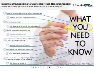 Benefits of Subscribing to Connected Truck Research Content
Subscription clients get access to much more than just the research reports
Dedicated Customer Support Executive and Account Manager
Invitations to all global online Analyst Briefings
Free access to GIL Community Newsletter (Quarterly)
Unlimited Access to Analysts
Personalised user portal
Ability to Influence Future Research Titles
Access to Consulting Hours
Complimentary Invitation to F&S Urban Mobility Event
(London) and all F&S GIL Events
Access to Best Practices Research
Discounted Pricing on Consulting Assignments
One Complimentary Private Briefing
„Peer To Peer‟ Network – Opportunity to Build personal
relationship with leaders of target companies
* First come first served basis. Availability limited. 2015-16 Season
8
 