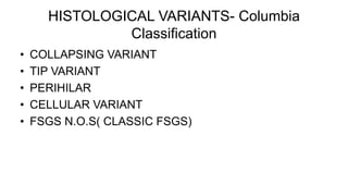 HISTOLOGICAL VARIANTS- Columbia
Classification
• COLLAPSING VARIANT
• TIP VARIANT
• PERIHILAR
• CELLULAR VARIANT
• FSGS N.O.S( CLASSIC FSGS)
 