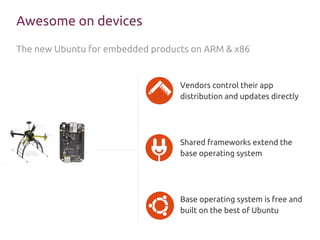 Awesome on devices
Vendors control their app
distribution and updates directly
Shared frameworks extend the
base operating system
Base operating system is free and
built on the best of Ubuntu
The new Ubuntu for embedded products on ARM & x86
 