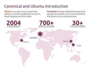 Canonical and Ubuntu Introduction
London
Boston Beijing
EMPLOYEES
700+ COUNTRIES
30+FOUNDED
2004
Canonical has been developing operating
systems since 2004, and is now extending
the Ubuntu OS on smart devices.
Ubuntu is an open-source operating
system, currently established on server,
cloud, desktop and thin client.
Taipei
 