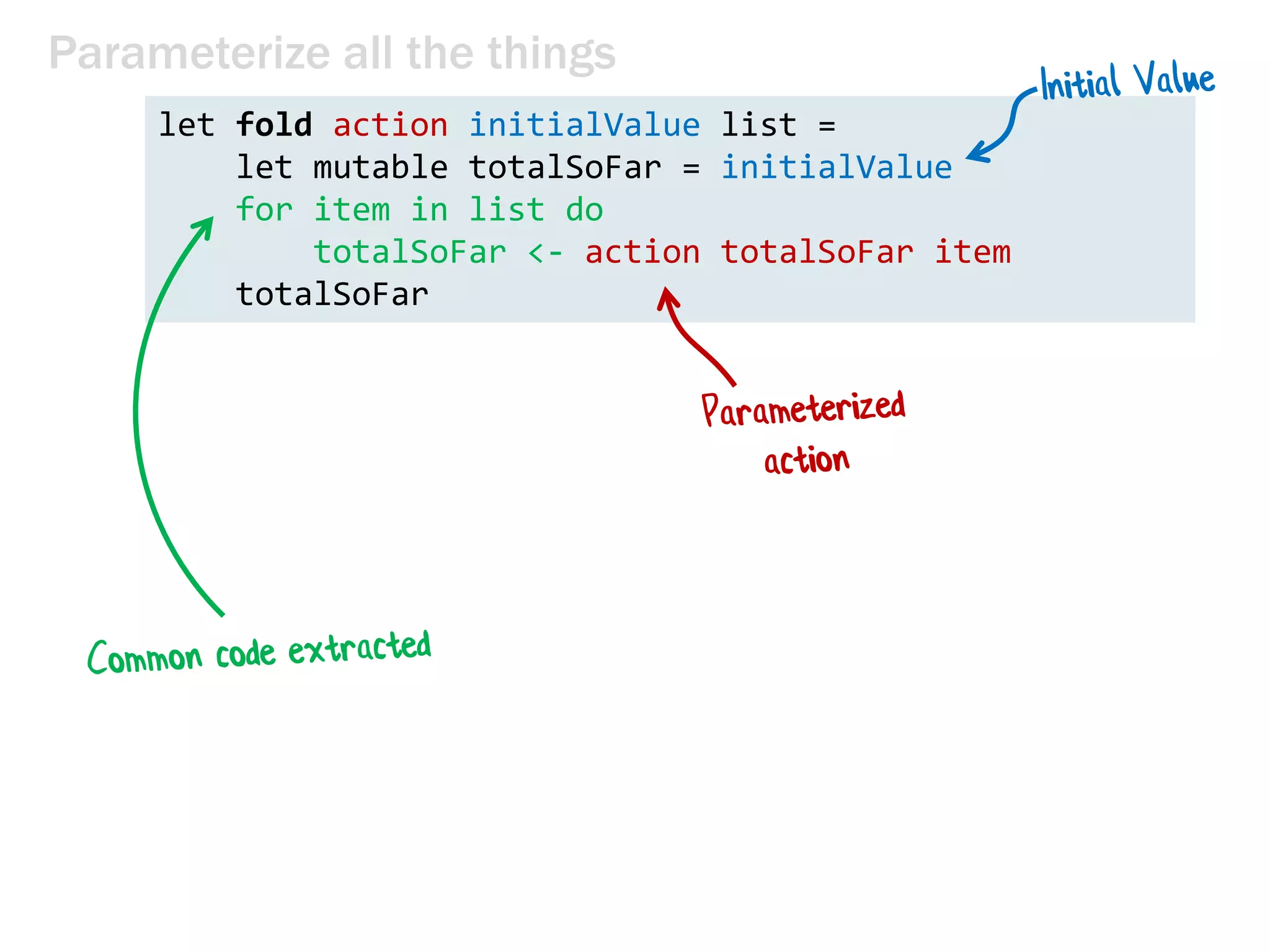 Parameterize all the things
let fold action initialValue list =
let mutable totalSoFar = initialValue
for item in list do
totalSoFar <- action totalSoFar item
totalSoFar
 