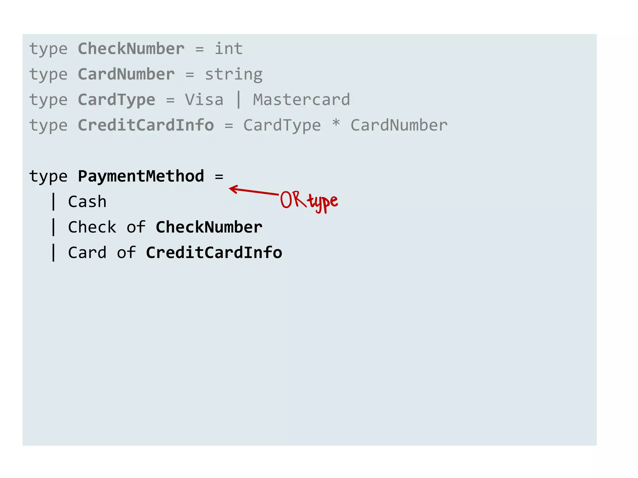 type CheckNumber = int
type CardNumber = string
type CardType = Visa | Mastercard
type CreditCardInfo = CardType * CardNumber
 