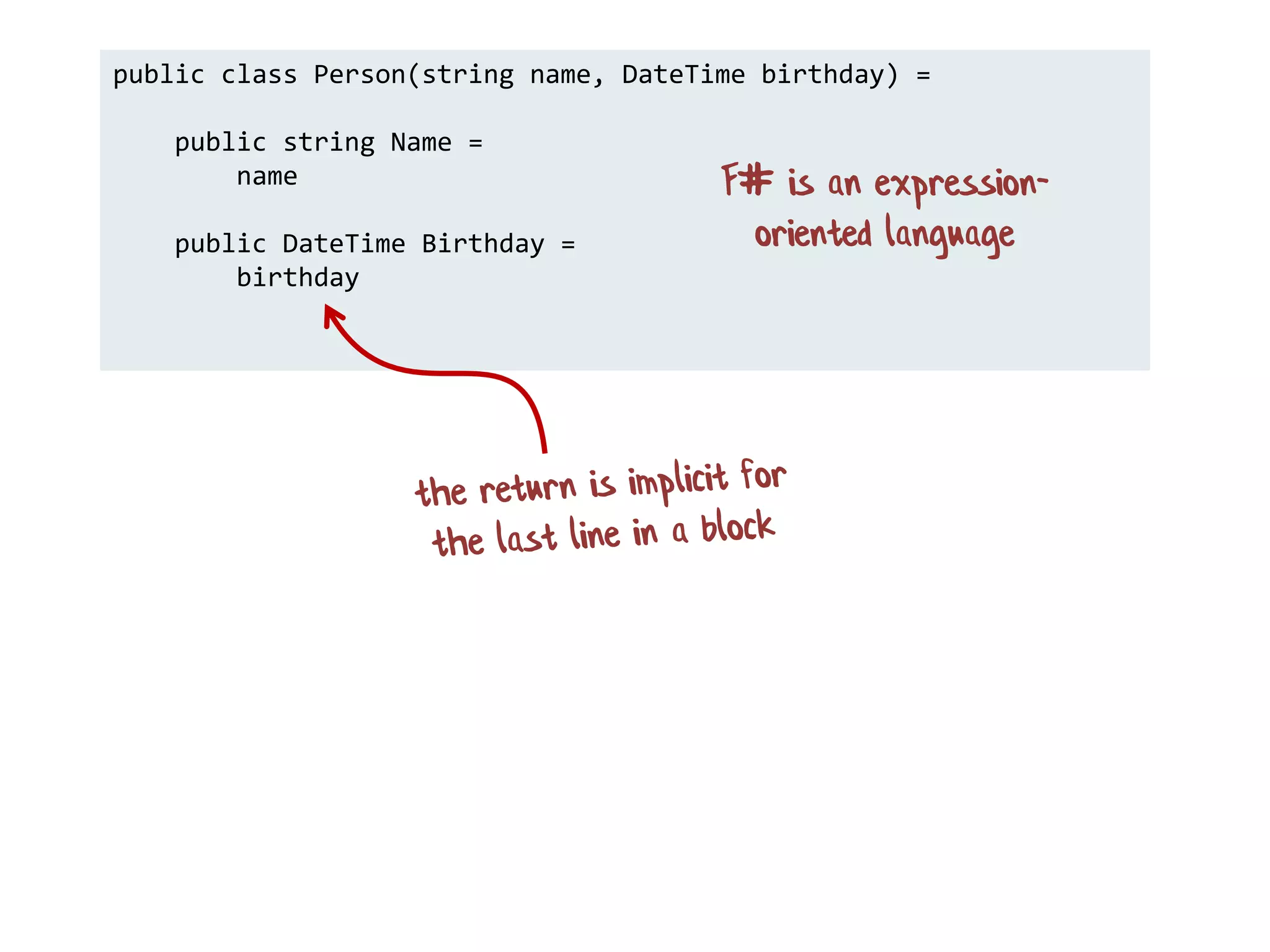 public class Person(string name, DateTime birthday) =
public string Name =
name
public DateTime Birthday =
birthday
F# is an expression-
oriented language
 